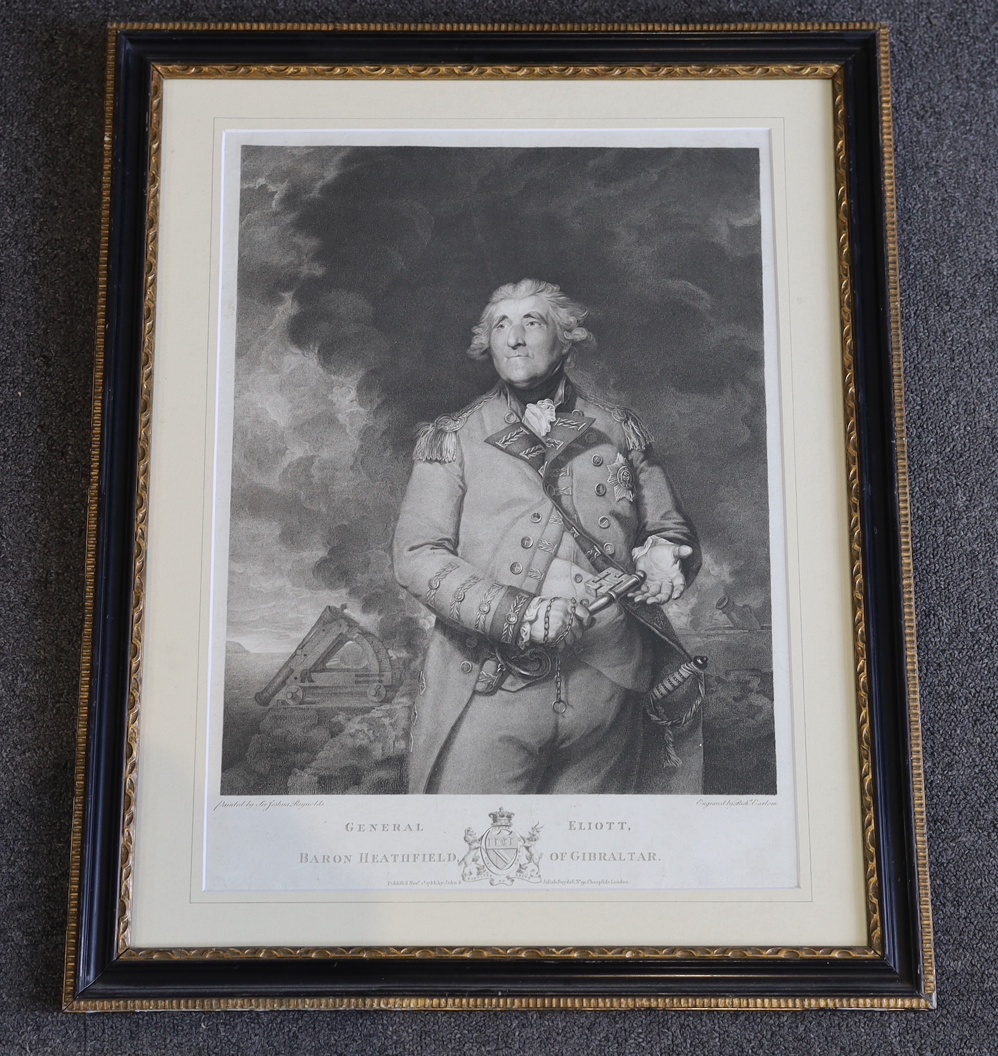 Richard Earlom after Sir Joshua Reynolds, stipple engraving, 'General Eliott, Baron Heathfield of Gibraltar', published by Boydell 1788, visible sheet 39 x 35.5cm